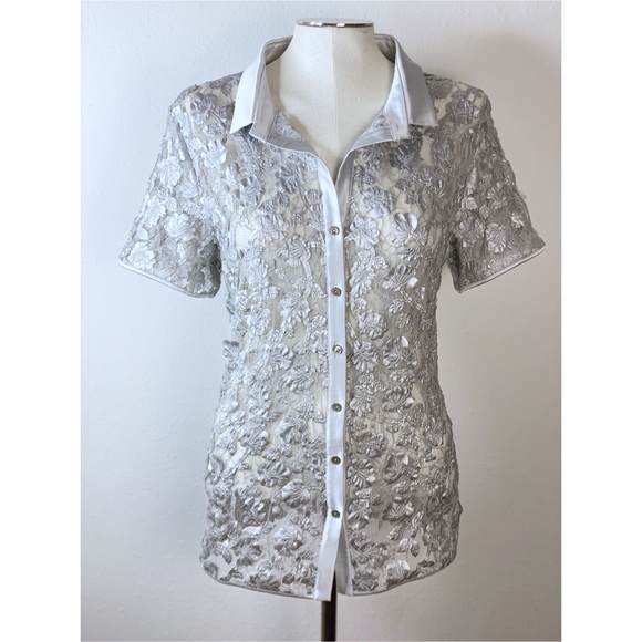 OSCALITO Silver Floral Silver Collared Button Up - Picture 1 of 5